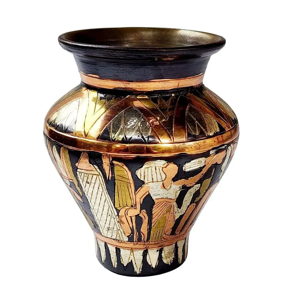 Vintage Egyptian Revival Engraved Brass Copper Bud Vase | Global Boho Decor
